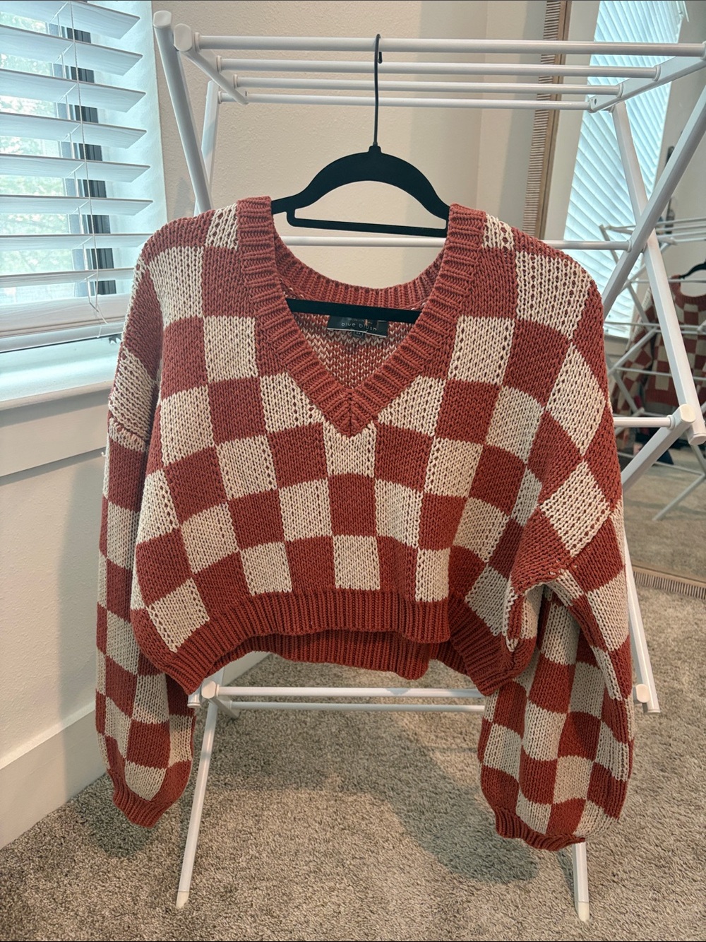 Blue Blush Rust and Cream Checker V‑Neck Sweater
